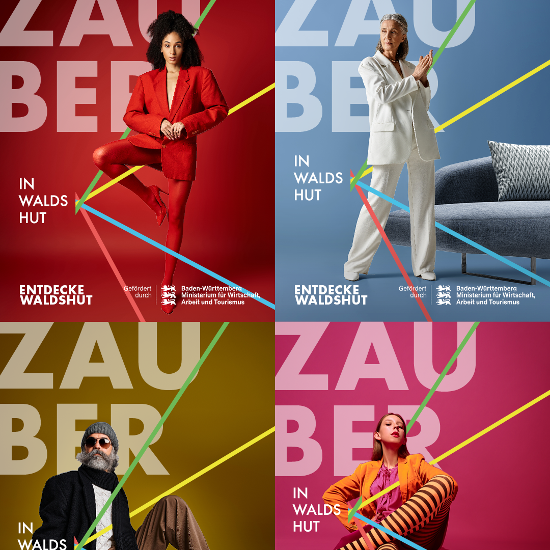 Kunstvolle Collage mit vier Personen in verschiedenen Outfits und Hintergründen, die den Zauber von Waldshut verkörpern.