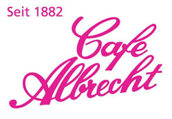 Logo von Café Albrecht in pinker Schrift, mit dem Zusatz "Seit 1882".