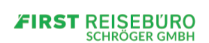 Logo des First Reisebüros Schröger GmbH in grüner Schrift auf weißem Hintergrund.