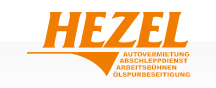 Logo der Firma Hezel mit den Dienstleistungen: Autovermietung, Abschleppdienst, Arbeitsbühnen, Ölspurbeseitigung.