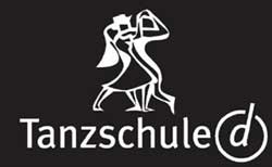 Logo einer Tanzschule mit stilisierten Tänzern auf schwarzem Hintergrund. Text: "Tanzschule d".