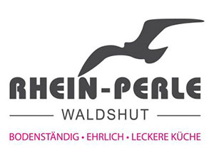 Logo der Rhein-Perle Waldshut mit dem Slogan "Bodenständig, Ehrlich, Leckere Küche" und einem stilisierten Vogel.