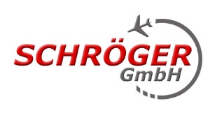 Logo der Firma Schröger GmbH mit einem Flugzeug und einem geschwungenen Pfeil.
