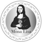 Illustration der Mona Lisa in Schwarz-Weiß mit dem Text „Mona Lisa“ darunter, umrahmt von einem geschmückten Rand.