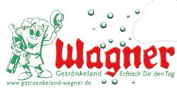 Logo von Wagner mit einem fröhlichen Maskottchen und dem Slogan "Erfrisch Dir den Tag", umgeben von Blasen.