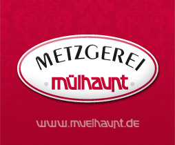 Logo der Metzgerei Mülhaunt auf rotem Hintergrund mit Website-Link.