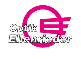 Logo von Optik Ellenrieder in Pink und Schwarz mit stilisierten Linien und dem Schriftzug.