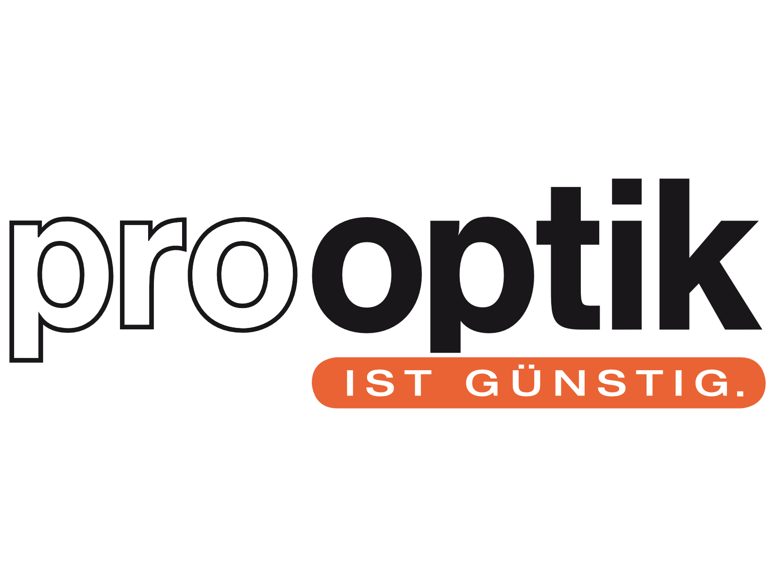 Logo von pro optik mit dem Slogan "IST GÜNSTIG" in schwarz und orange.