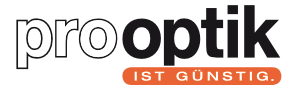 Logo von pro optik mit dem Slogan „IST GÜNSTIG.“ in einem orangefarbenen Banner.