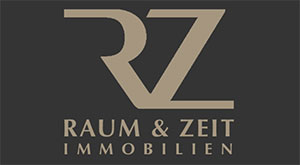 Logo von Raum & Zeit Immobilien mit den Buchstaben RZ in stilisierter Schrift auf dunklem Hintergrund.