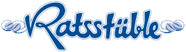 Logo mit dem Schriftzug "Ratsstüble" in blauer, verspielter Schrift, umgeben von kleinen, weißen Akzenten.