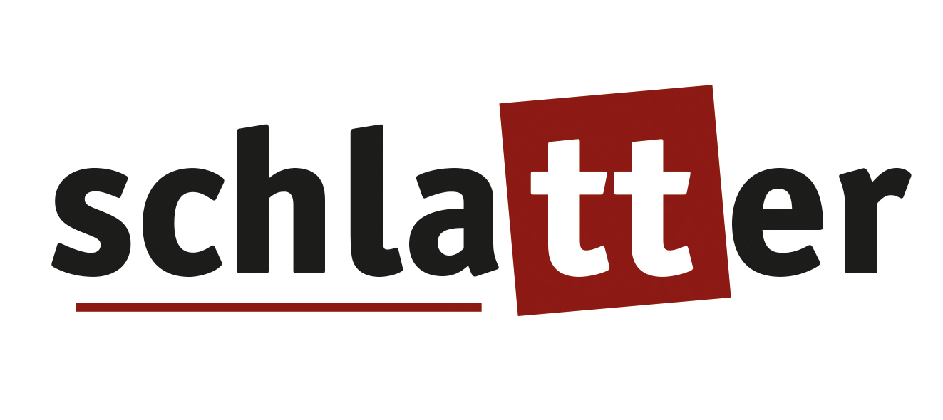 Logo der Marke "schlatter" in schwarzer Schrift mit einem roten Quadrat um die Buchstaben "tt".