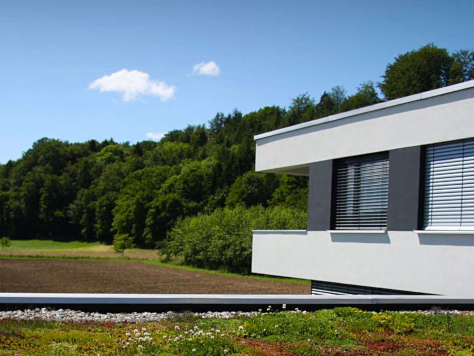 Moderne Architektur eines Hauses vor einer grünen Waldlandschaft unter blauem Himmel mit einigen Wolken.