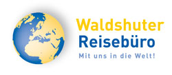 Logo des Waldshuter Reisebüros mit Globus und Slogan „Mit uns in die Welt!“.