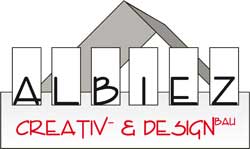 Logo von Albiez Creativ & Design mit einer geometrischen Dachgrafik und stilisierten Buchstaben.