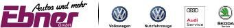 Logo und Markenlogos von Volkswagen, Audi und Škoda mit dem Text „Ebner“ daneben.