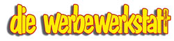 Gelbes Logo mit dem Schriftzug „die werbewerkstatt“ in buntem, auffälligem Schriftstil.