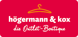 Logo der Outlet-Boutique "hörgermann & kox" auf rotem Hintergrund mit einem Kleiderbügel-Symbol.