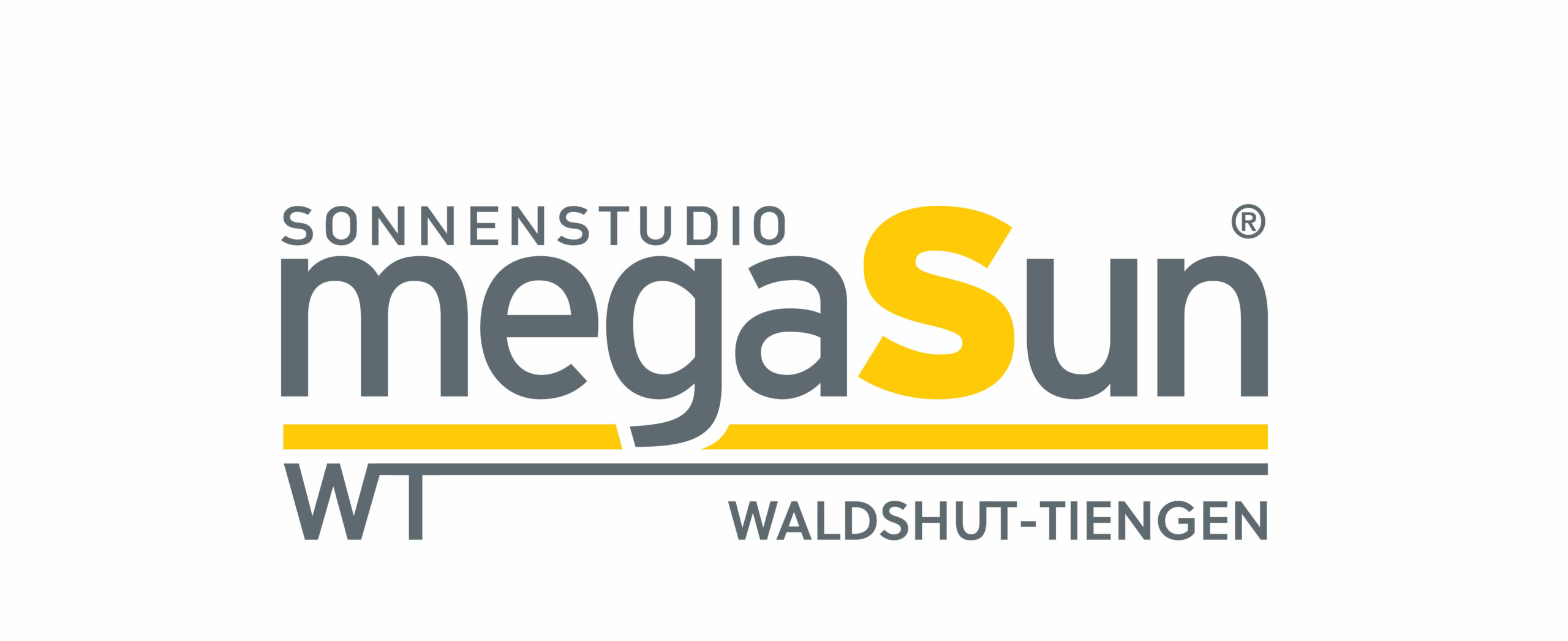 Logo des Sonnenstudios megasUn WT in Waldshut-Tiengen, mit grauer und gelber Schrift auf weißem Hintergrund.